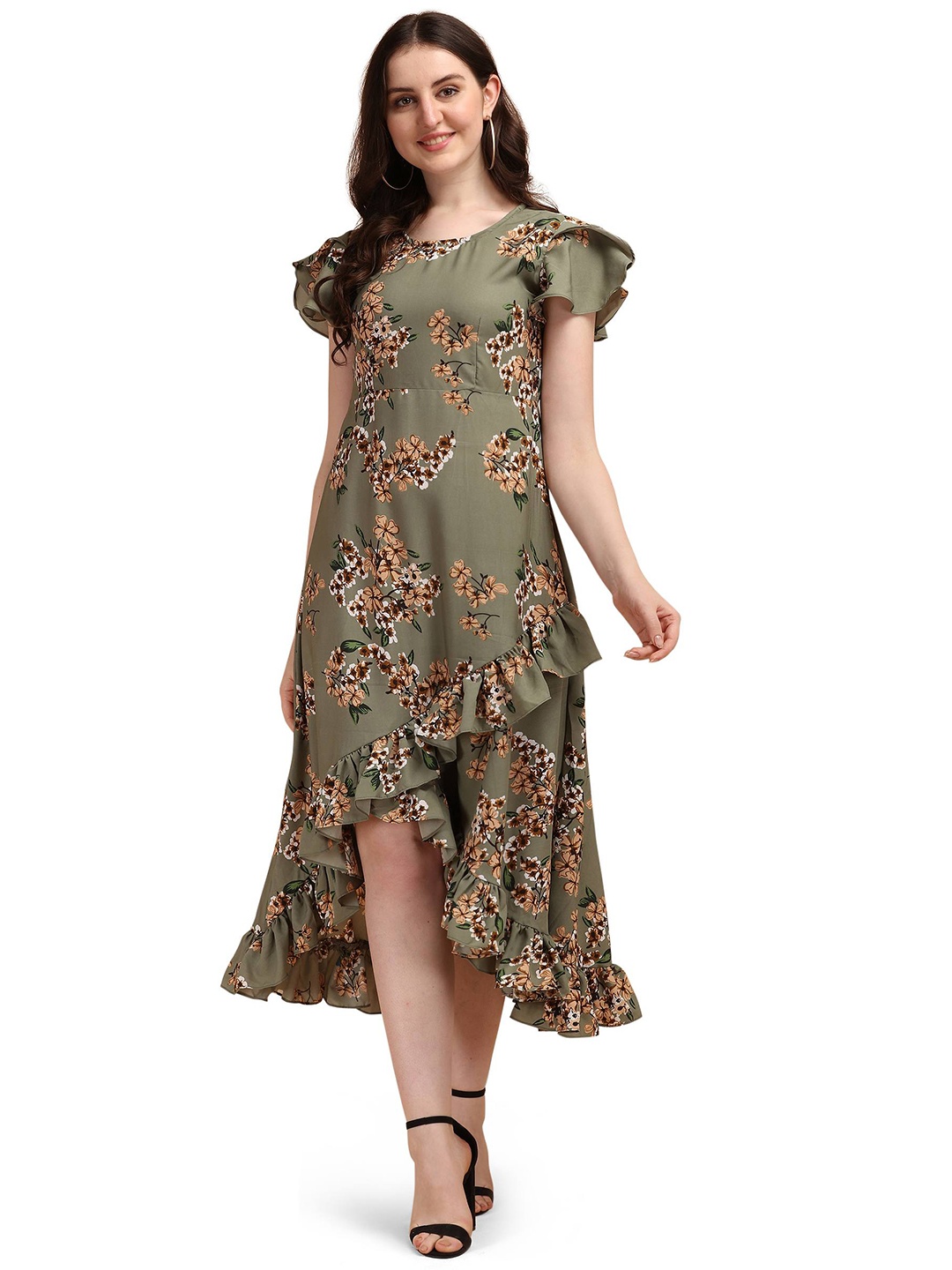 

Oomph! Floral Print Flutter Sleeve Crepe A-Line Midi Dress, Green