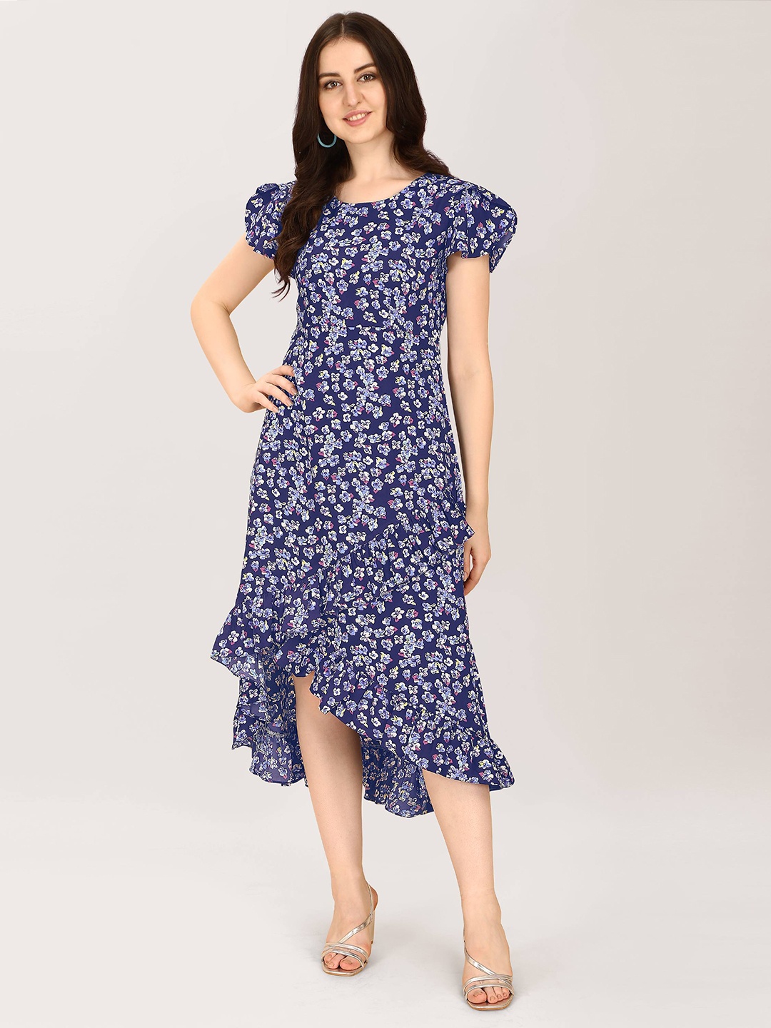 

Oomph! Floral Printed Flutter Sleeves Ruffled A-Line Midi Dress, Navy blue