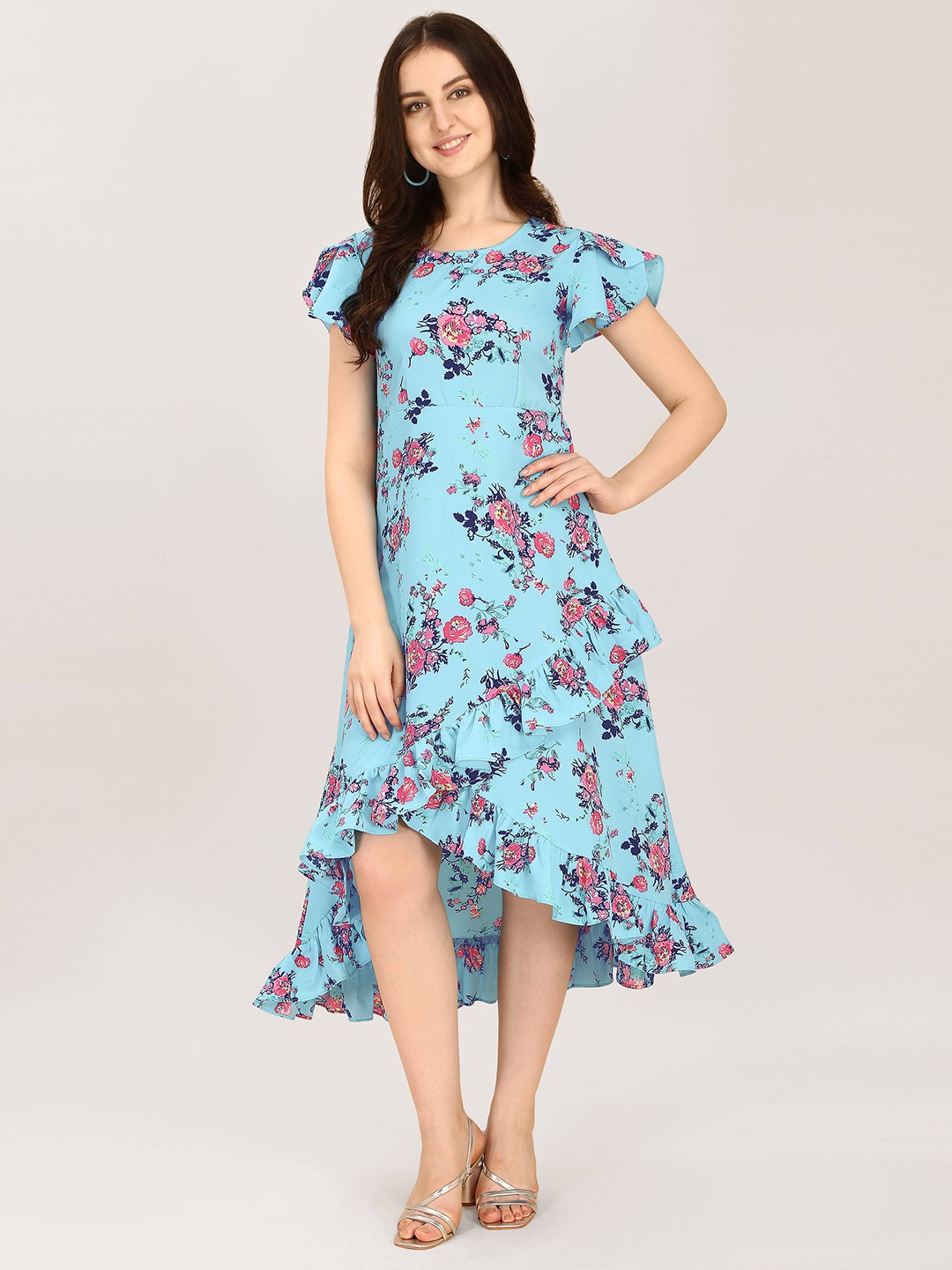 

Oomph! Floral Printed Flutter Sleeves Ruffled A-Line Midi Dress, Turquoise blue