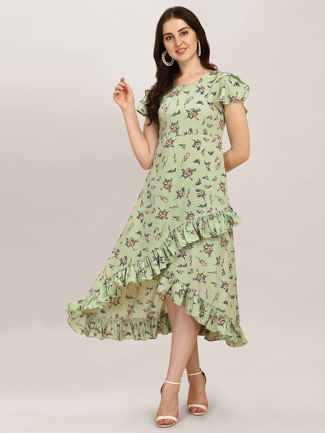 

Oomph! Floral Printed Flutter Sleeves Ruffled A-Line Midi Dress, Green