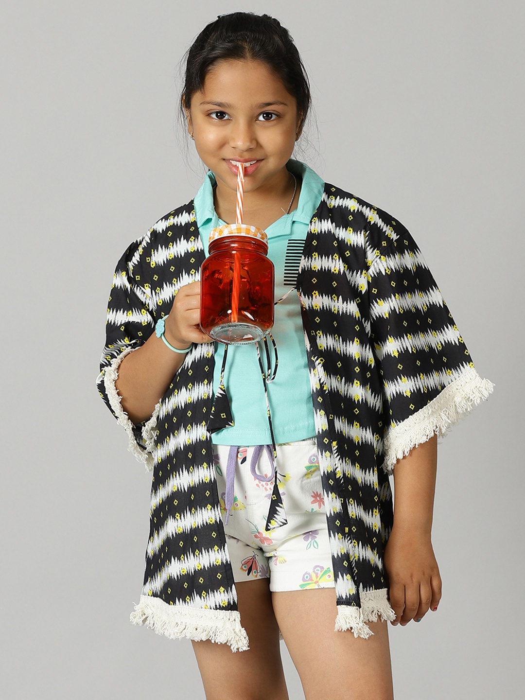 

KiddoPanti Girls Kaftan Lace Printed Striped Cotton Shrug, Black
