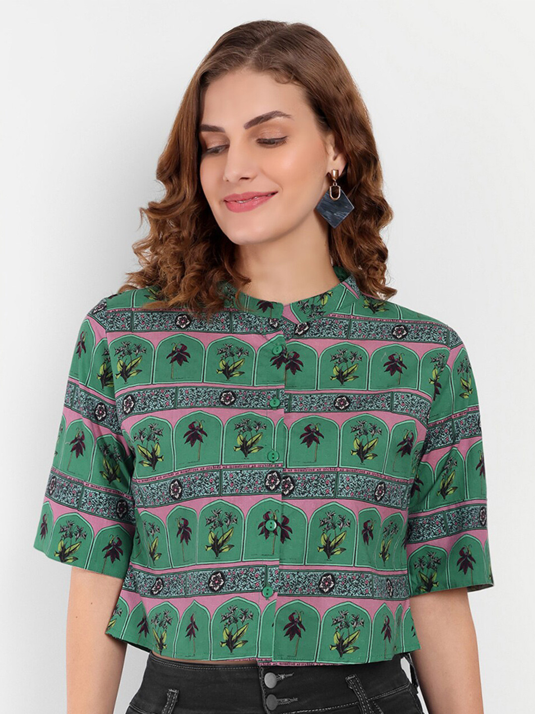 

Rediscover Fashion Floral Printed Mandarin collar Pure Cotton Top, Green