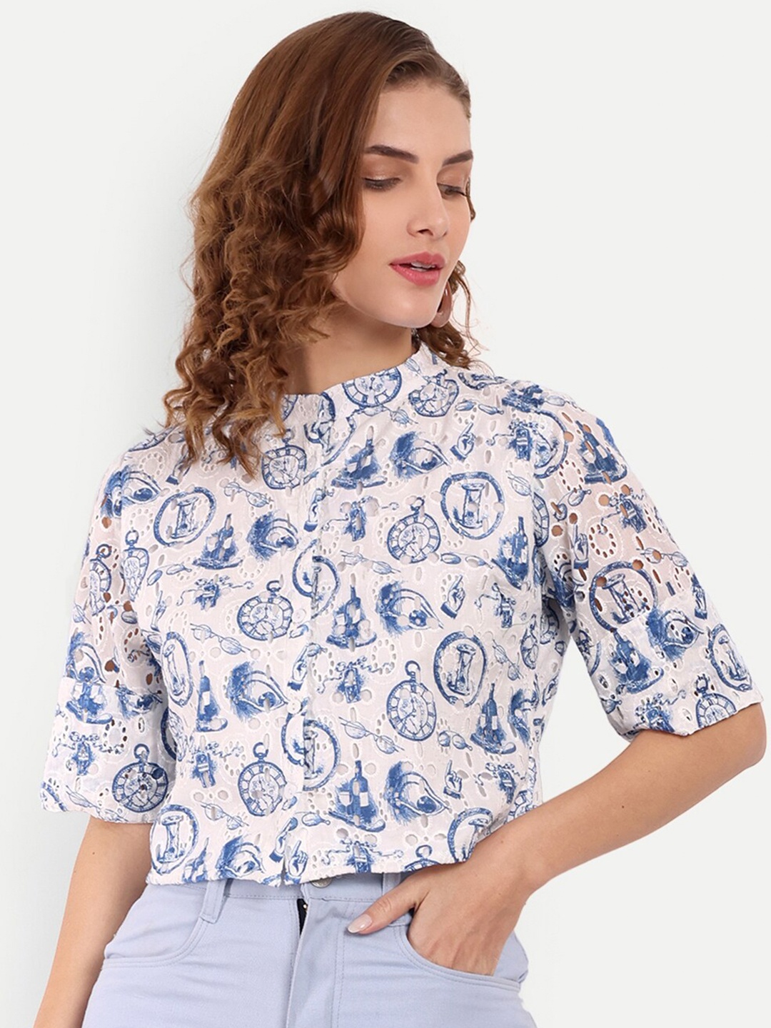 

Rediscover Fashion Graphic Printed Mandarin collar Shiffli Pure Cotton Top, White