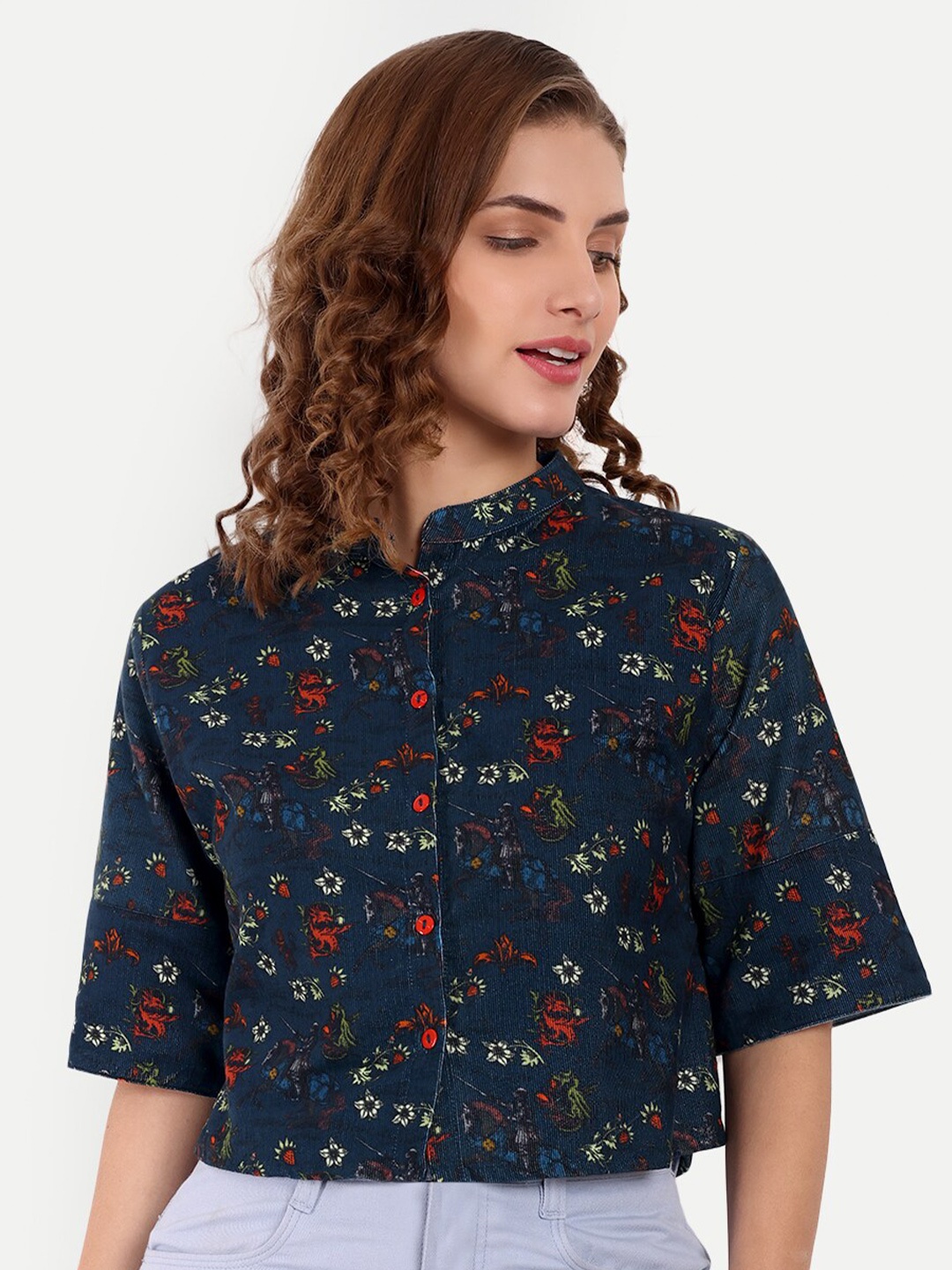 

Rediscover Fashion Floral Printed Mandarin collar Pure Cotton Top, Navy blue