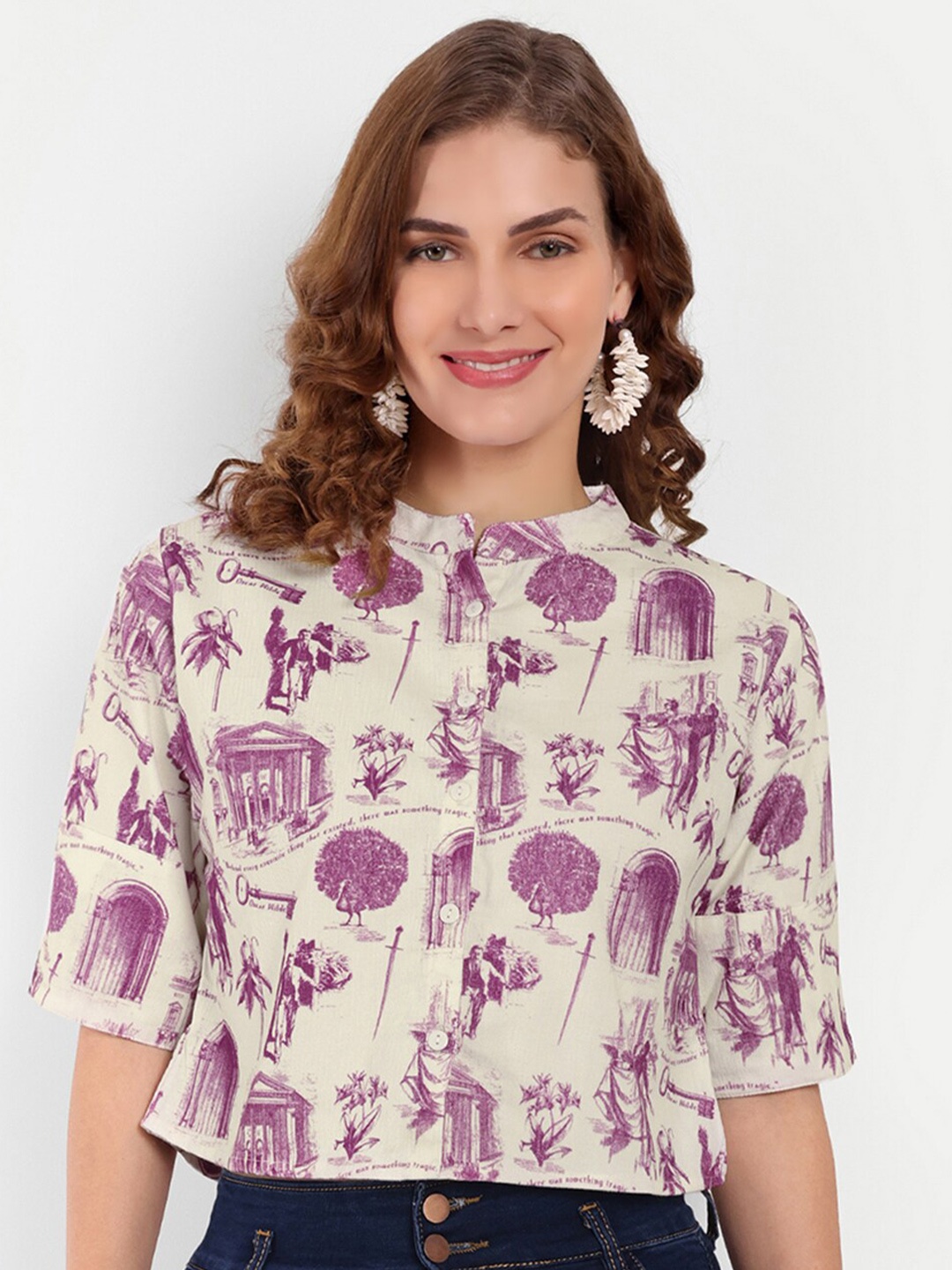 

Rediscover Fashion Conversational Printed Mandarin Collar Pure Cotton Crop Shirt Style Top, Beige