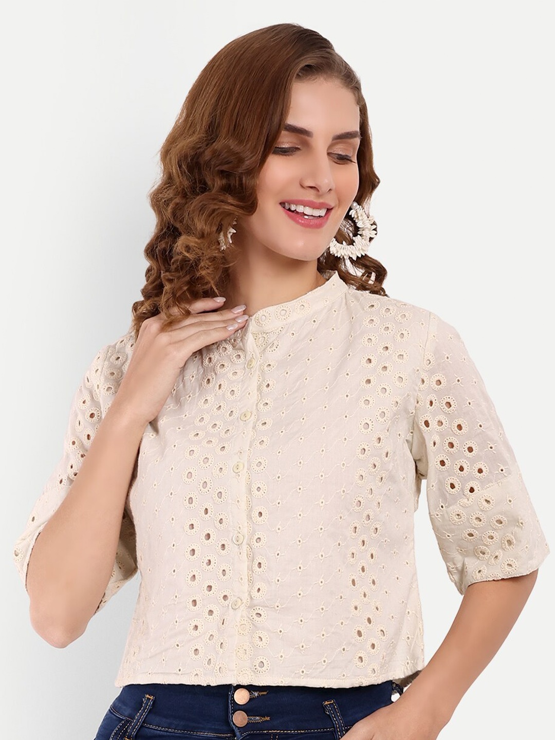 

Rediscover Fashion Self Design Pure Cotton Schiffli Crop Top, Cream