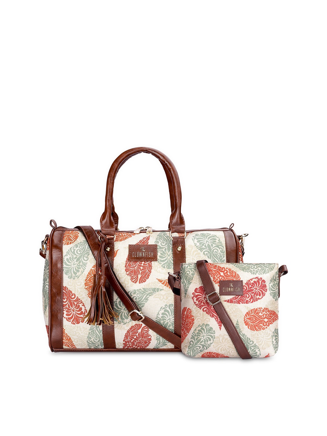 

THE CLOWNFISH Lorna and Aahna Ethnic Motifs Printed Leather Handheld Bag with Sling Bag, Cream