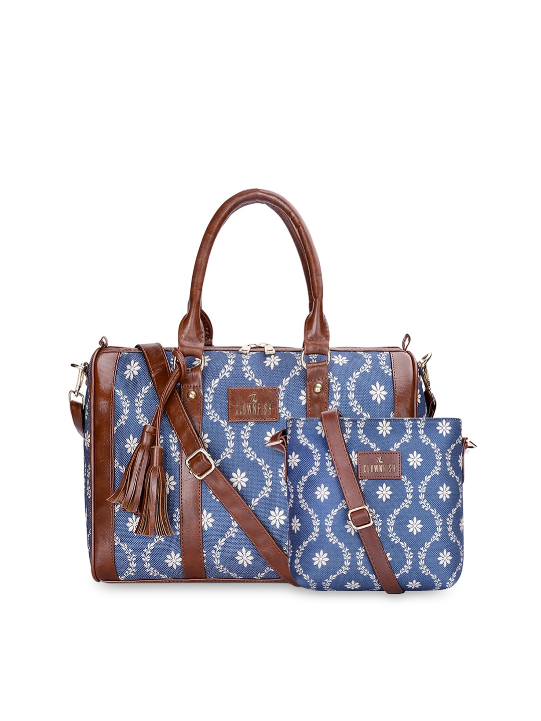 

THE CLOWNFISH Lorna & Aahna Set Of 2 Floral Printed Leather Sling Bag & Handheld Bag, Blue