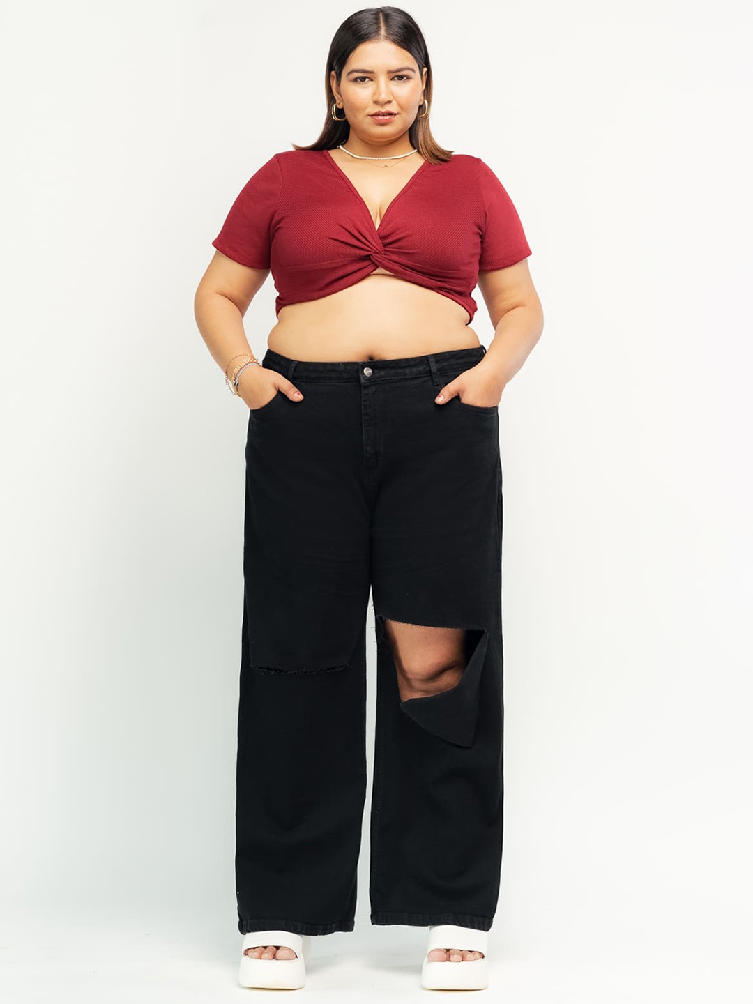 

FREAKINS Women Plus Size Black Wide Leg High-Rise Ripped Jeans