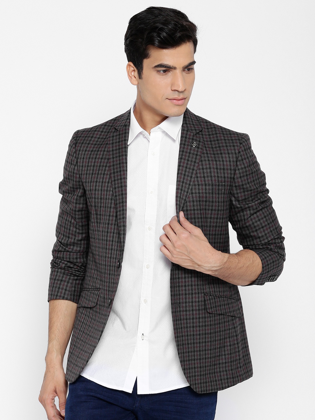 

Raymond Grey & Burgundy Checked Tailored Slim Fit Single-Breasted Casual Blazer