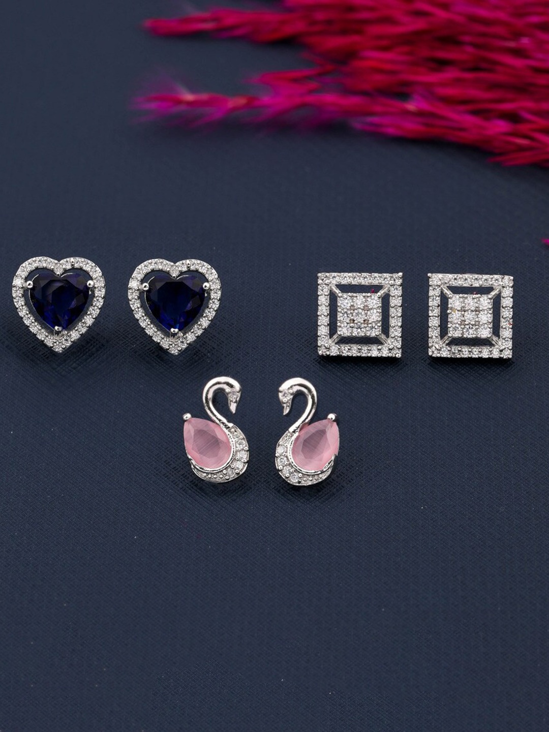 

ROFARWORD Set Of 3 Silver-Plated Studs Earrings