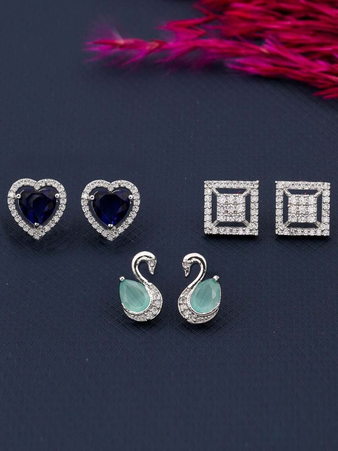 

ROFARWORD Set Of 3 Silver-Plated Studs Earrings