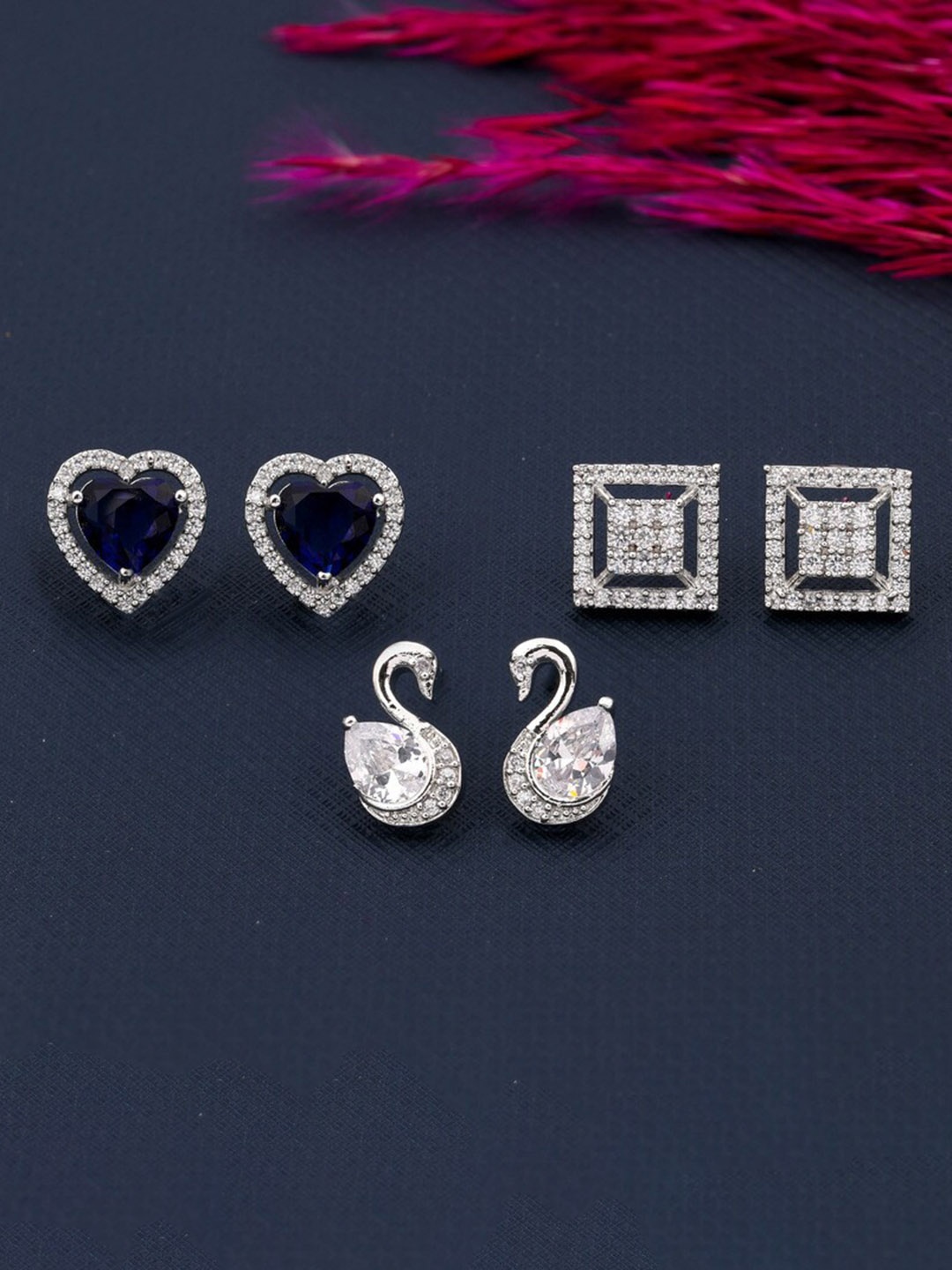 

ROFARWORD Set Of 3 Silver-Plated Studs Earrings, Gold