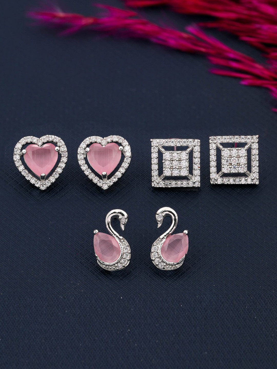

ROFARWORD Set Of 3 Silver-Plated Studs Earrings