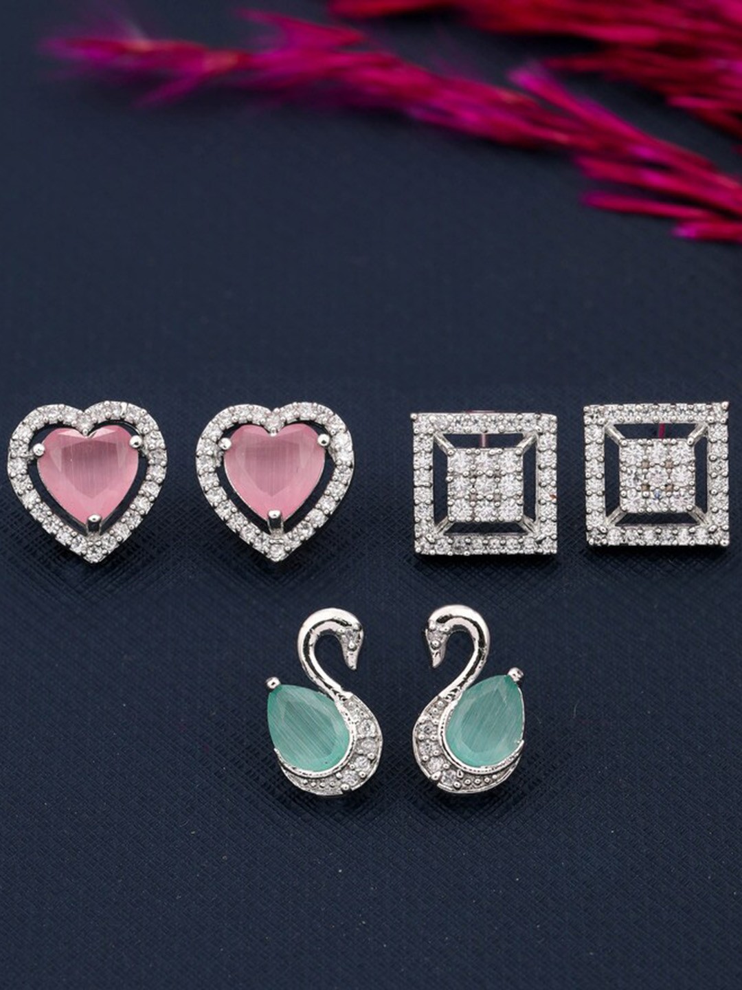

ROFARWORD Set Of 3 Silver-Plated Studs Earrings