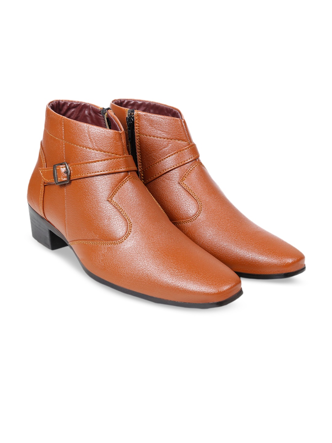 

Bxxy Men Mid Top Block Heel Elevator Formal Boots With Buckle Detail, Tan