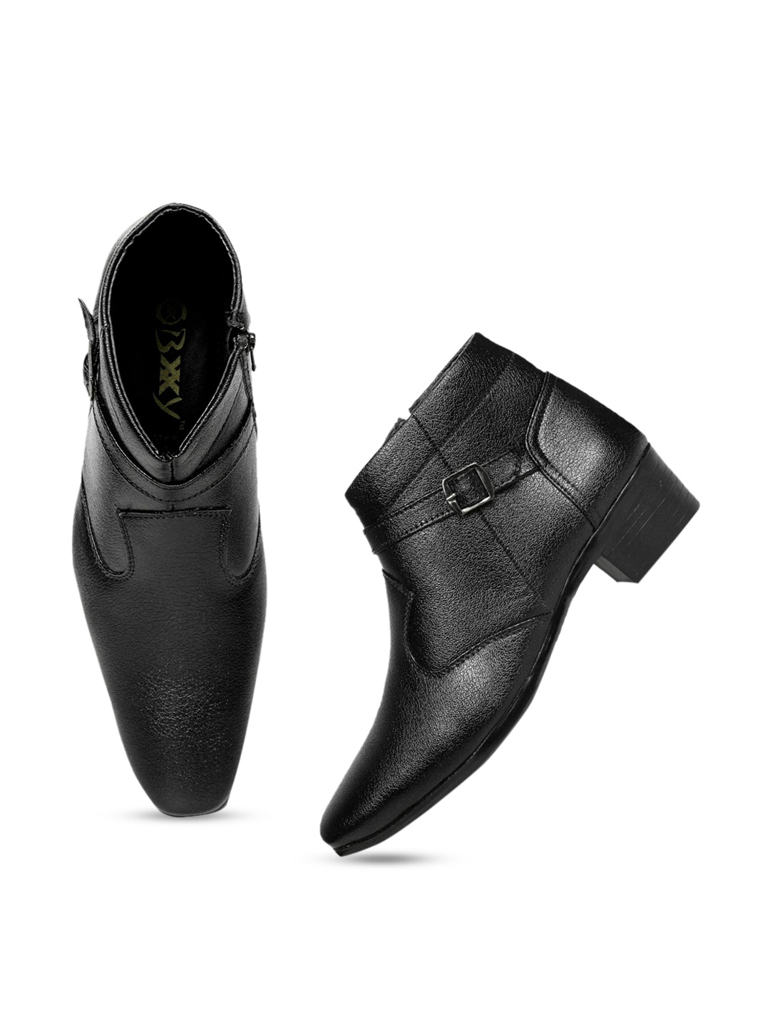 

Bxxy Men Mid Top Block Heel Elevator Formal Boots With Buckle Detail, Black