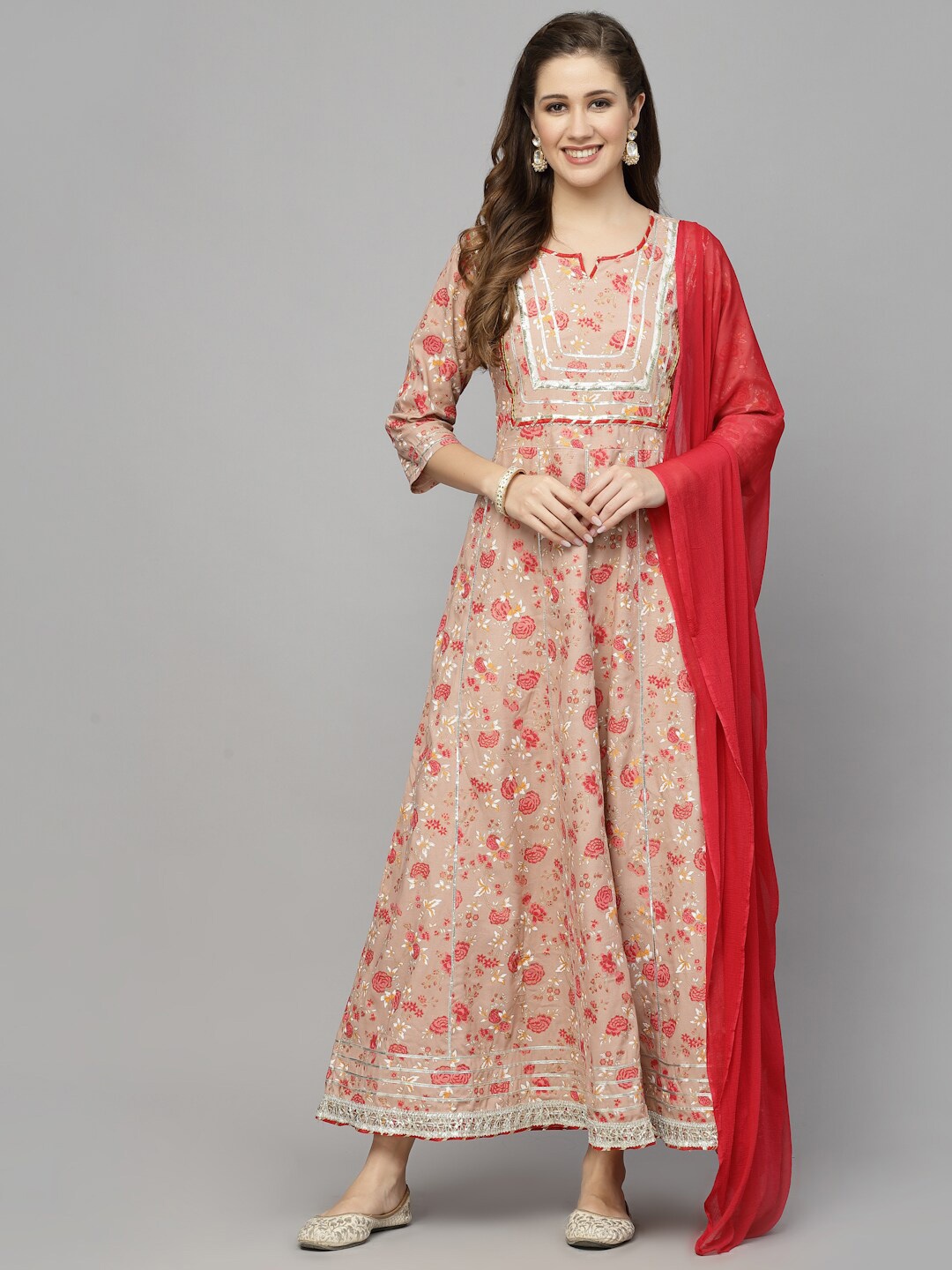 

Stylum Floral Printed Gotta Patti Anarkali Kurta with Dupatta, Beige