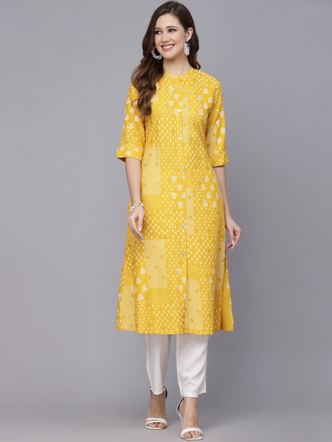 

Stylum Ethnic Motifs Printed Band Collar A-Line Kurta, Mustard