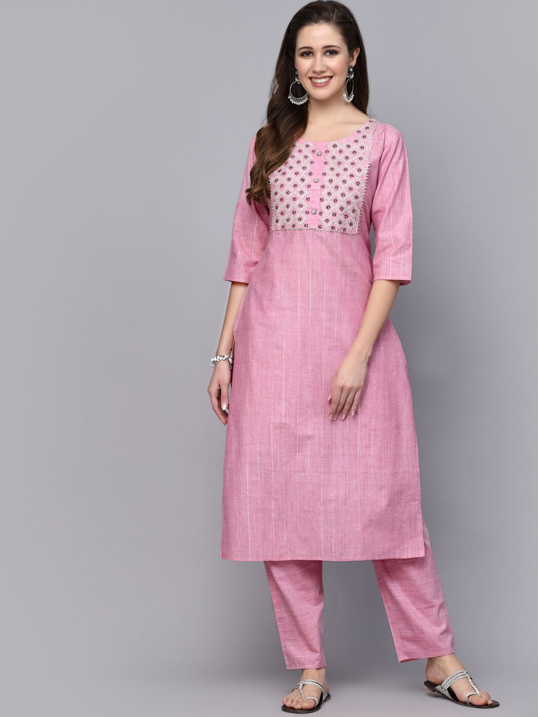 

Stylum Pink Floral Yoke Design Thread Work Kurta & Trousers