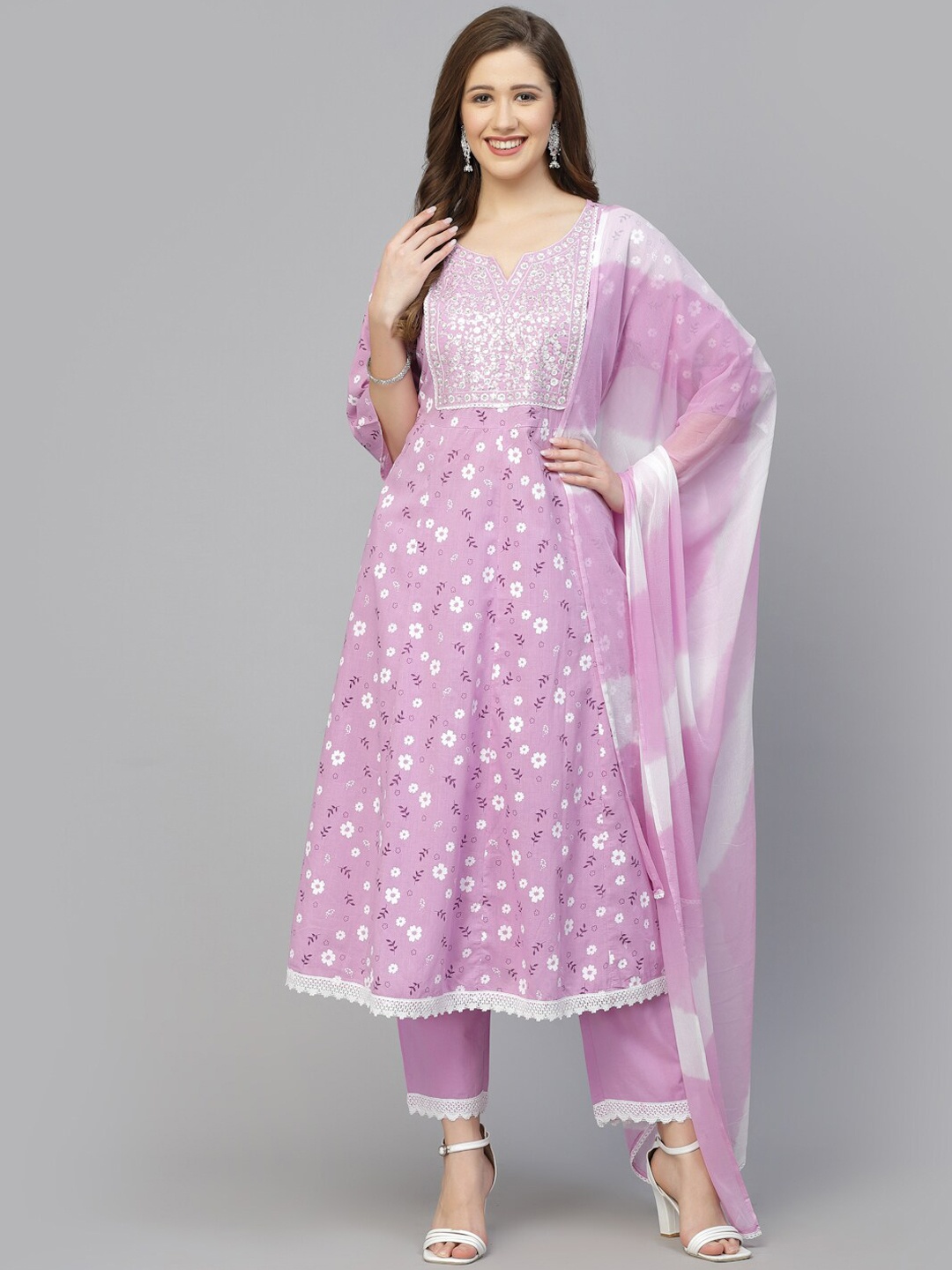 

Stylum Floral Printed Thread Work Pure Cotton Kurta with Trousers & With Dupatta, Lavender