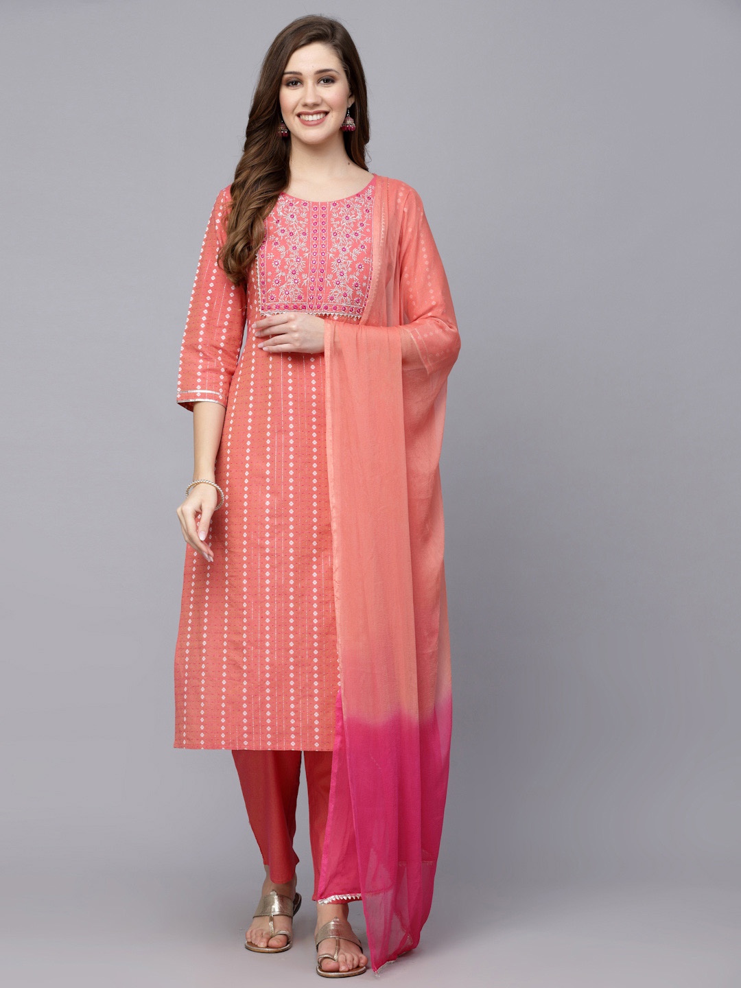 

Stylum Peach-Coloured & Pink Woven Design Mirror Work Kurta With Trousers & Dupatta