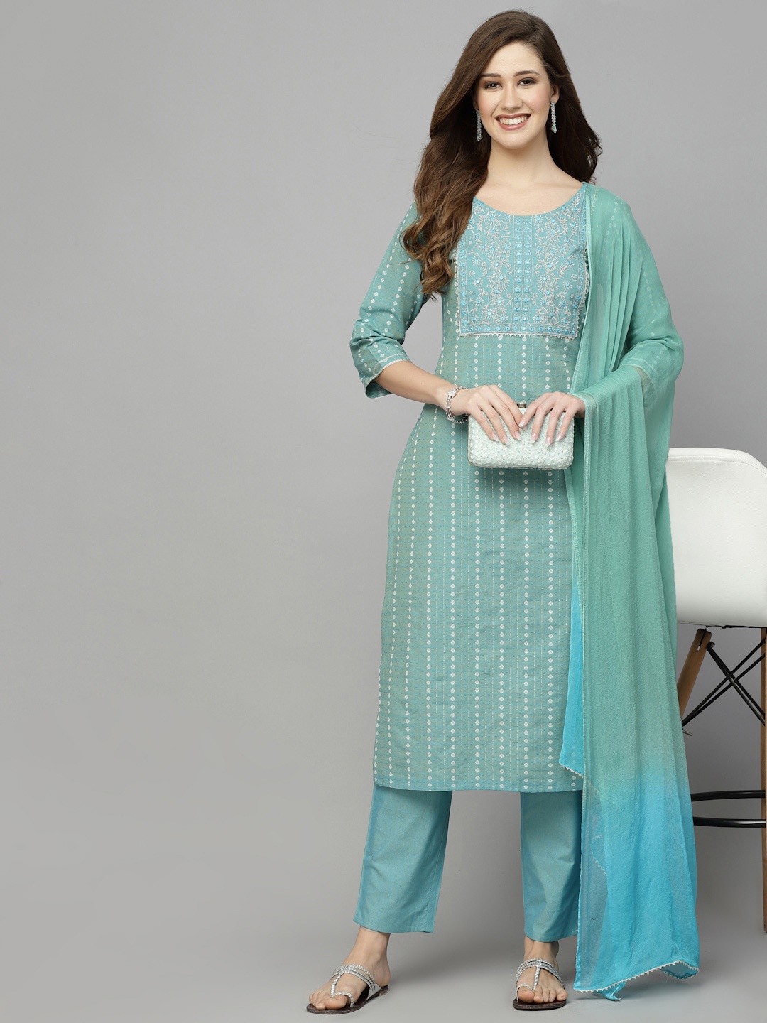 Stylum Sea Green & White Woven Design Mirror Work Kurta With Trousers & Dupatta