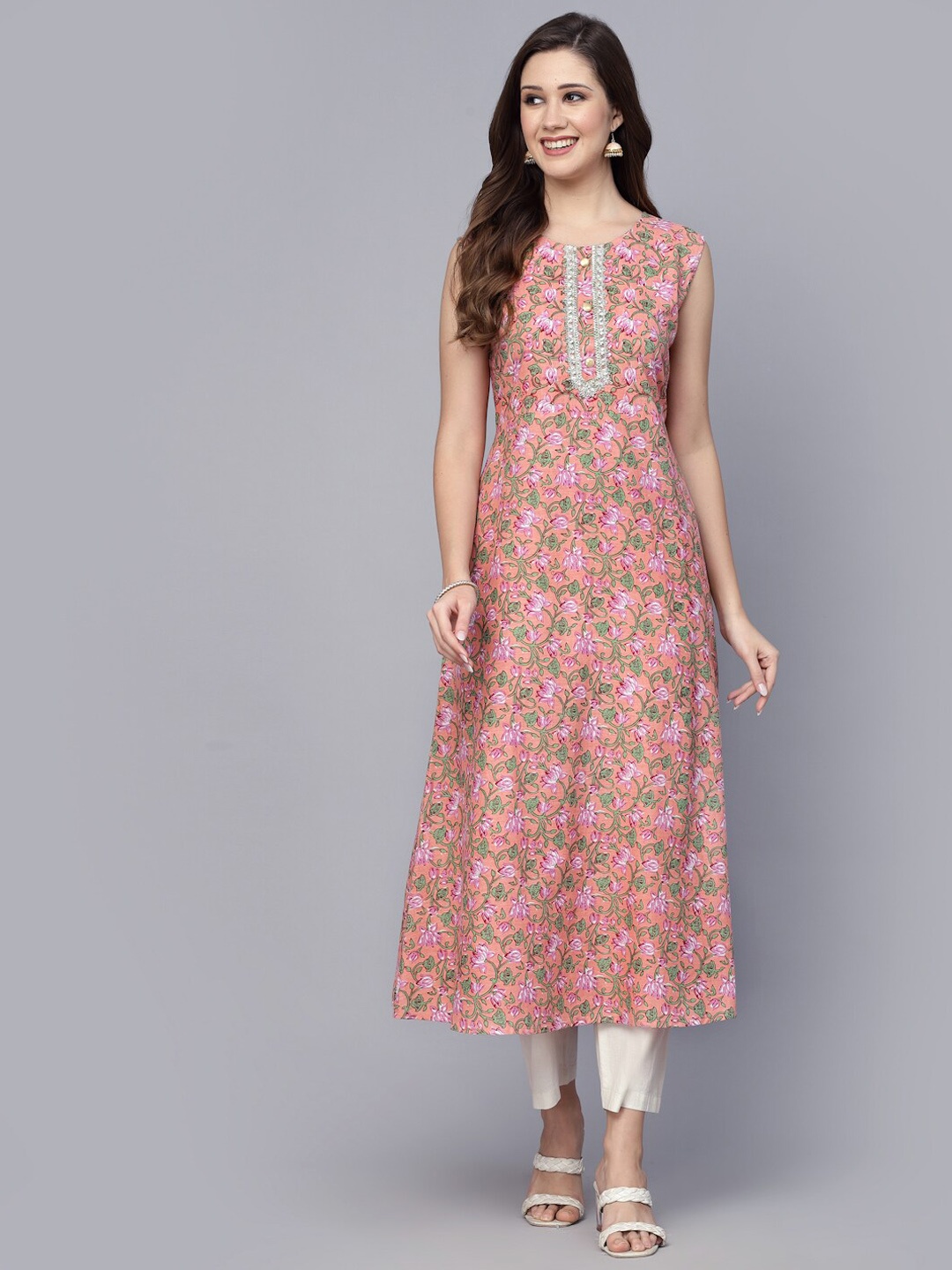 

Stylum Floral Printed Gotta Patti A-Line Pure Cotton Kurta, Peach