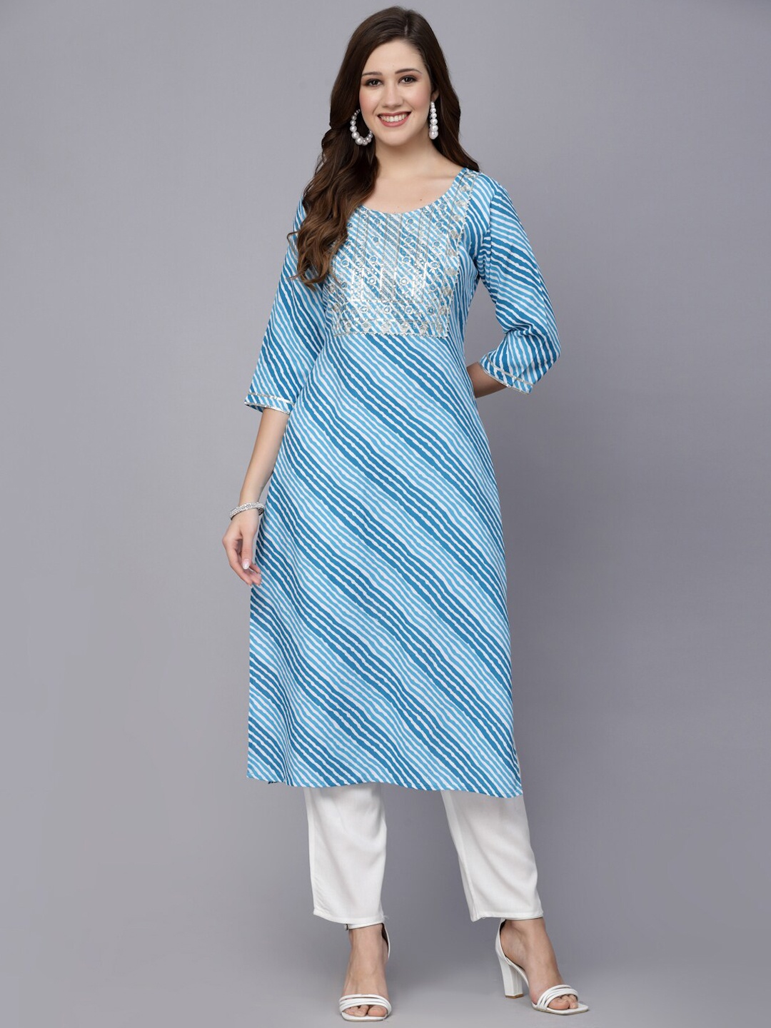 

Stylum Leheriya Printed Mirror Work Gotta Patti Sequinned Kurta, Turquoise blue