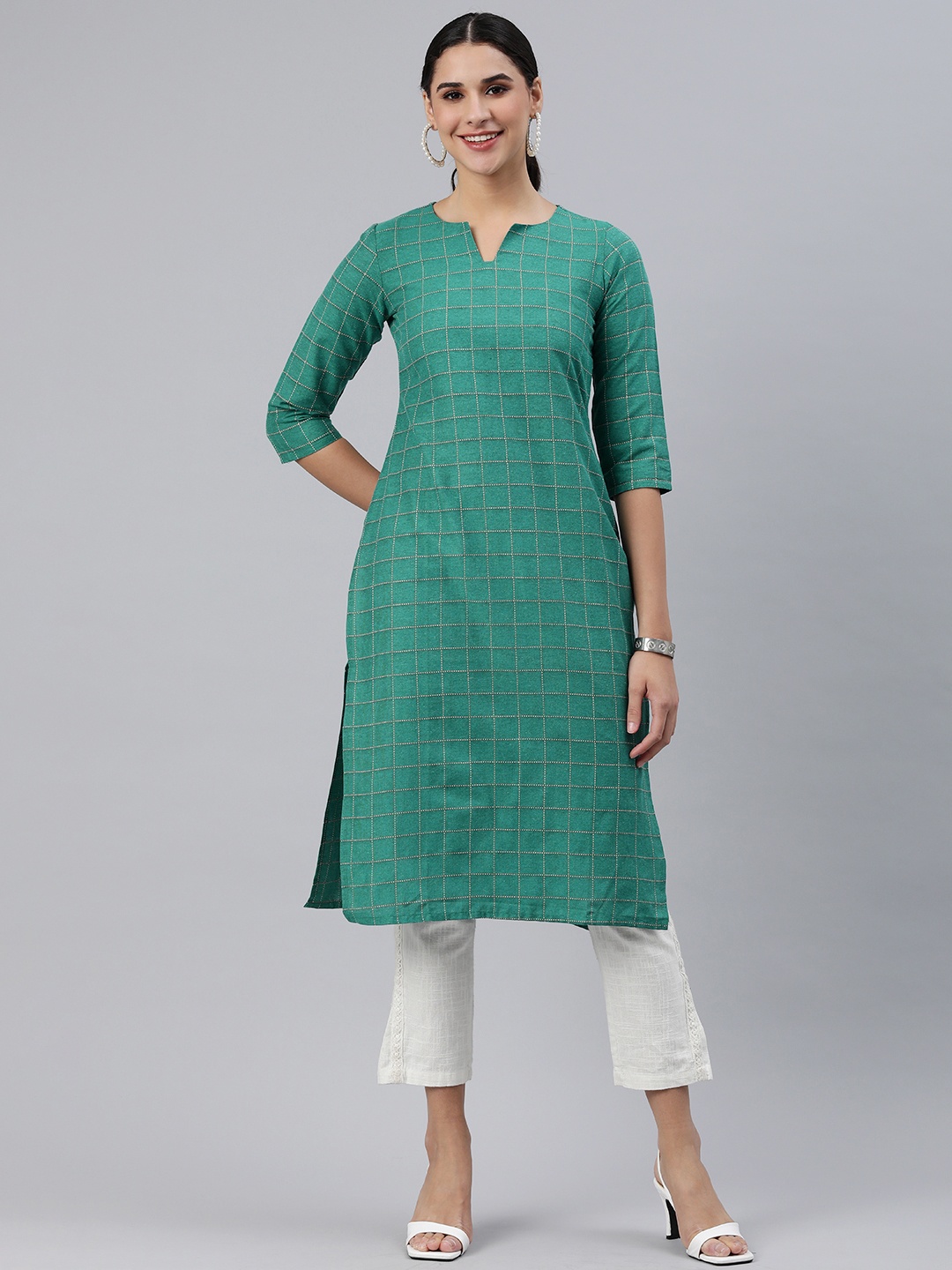 

KALINI Checked Kantha Work Kurta, Green