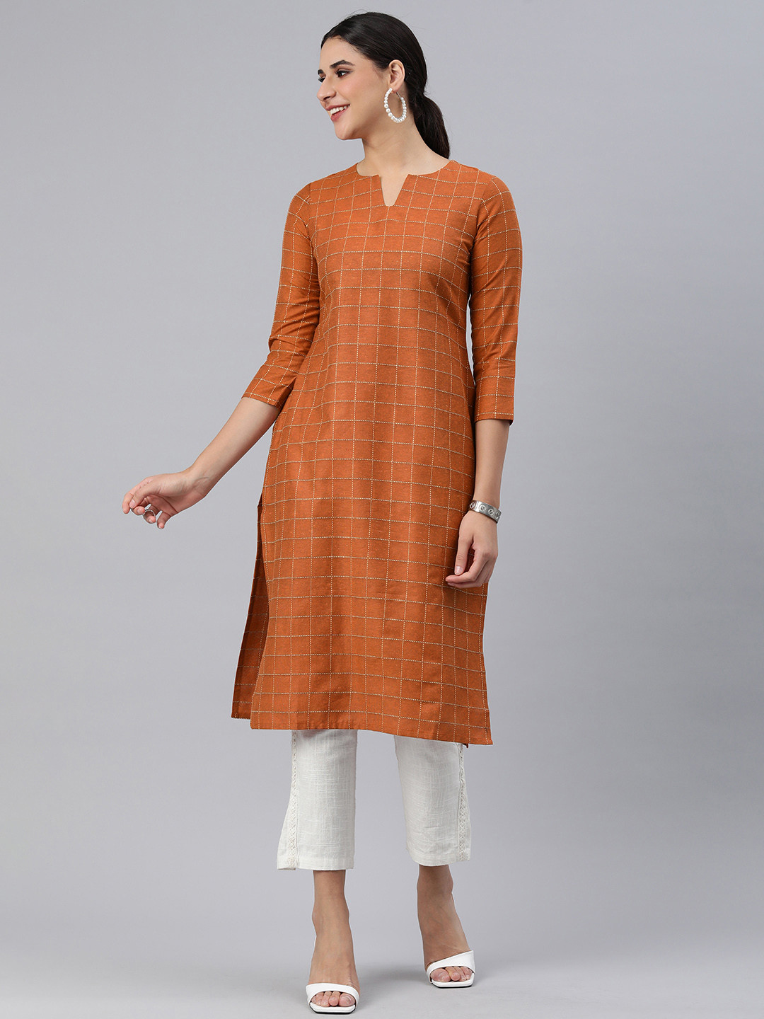 

KALINI Checked Kantha Work Kurta, Rust