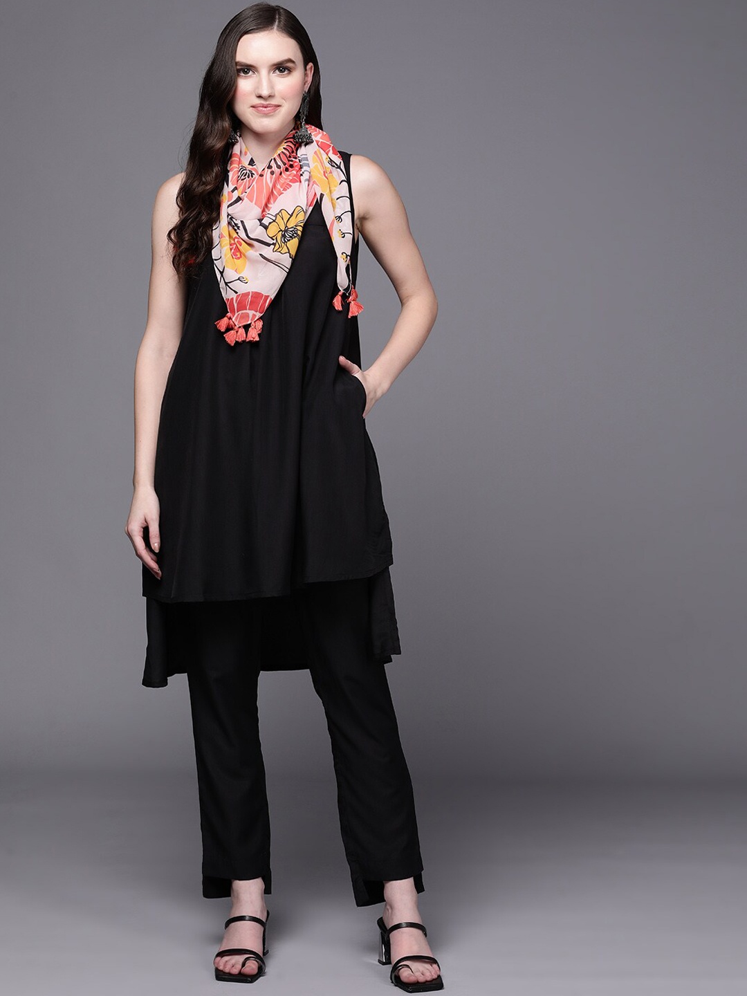 

Inddus V-Neck High-Low A-Line Kurta with Trousers, Black