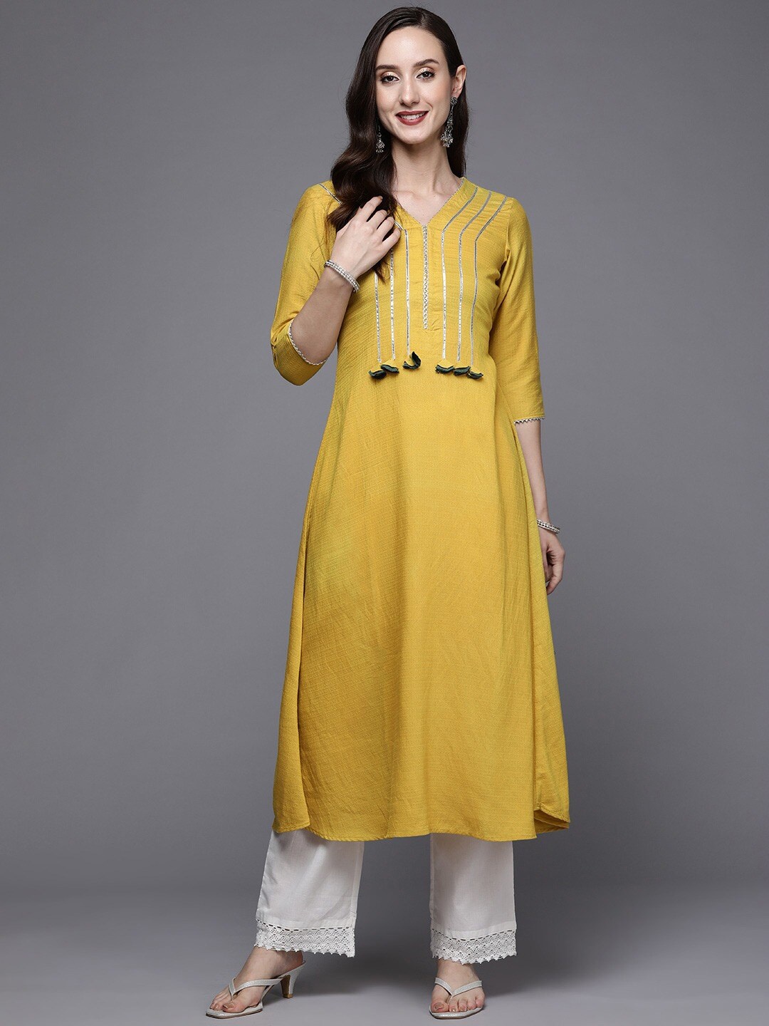 

Inddus V-Neck Gotta Patti A-Line Kurta, Yellow