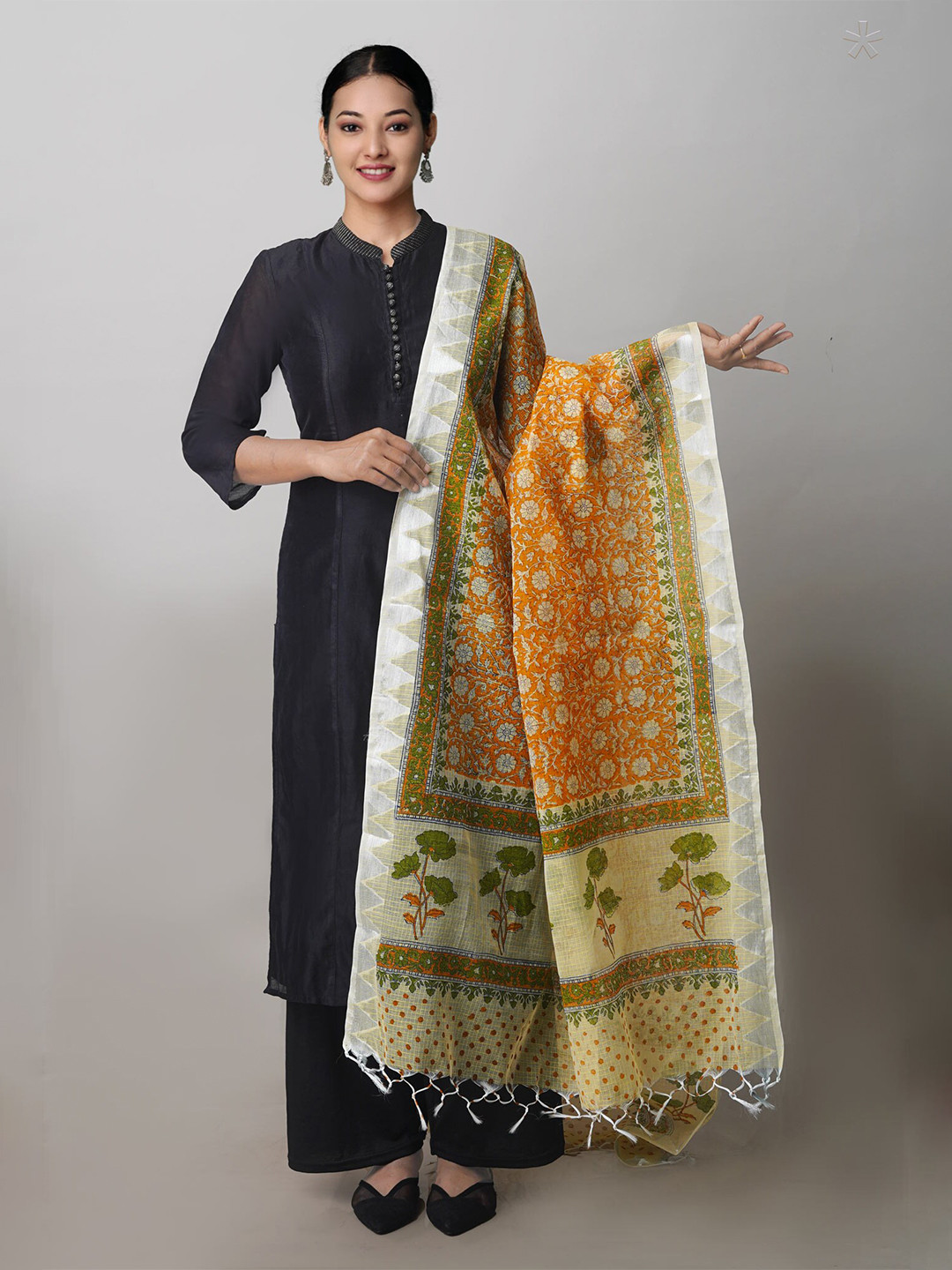 

Unnati Silks Ethnic Motifs Printed Pure Cotton Block Print Dupatta, Orange