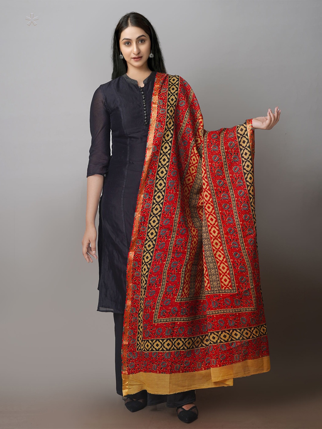 

Unnati Silks Ethnic Motifs Printed Pure Cotton Dupatta with Zari, Red