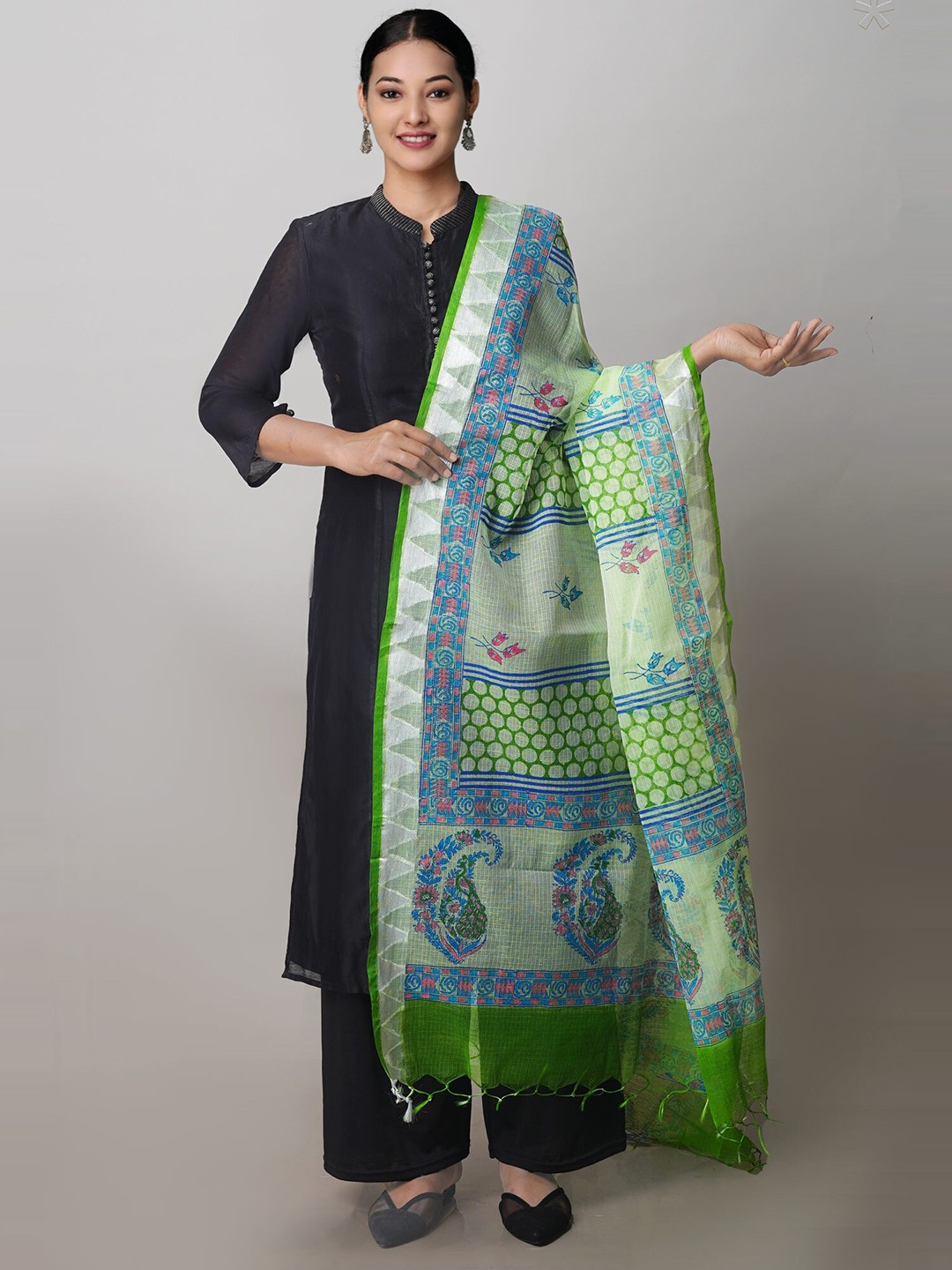 

Unnati Silks Ethnic Motifs Printed Pure Cotton Block Print Dupatta with Zari, Green