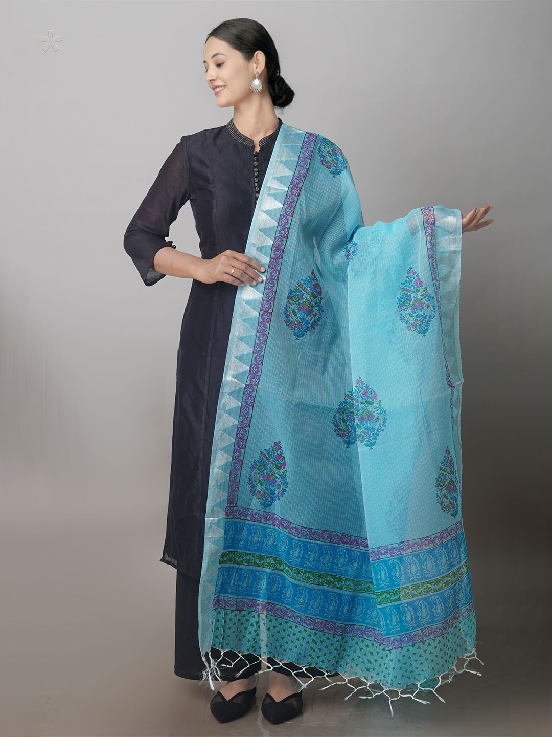 

Unnati Silks Ethnic Motifs Printed Pure Cotton Block Print Dupatta with Zari, Blue