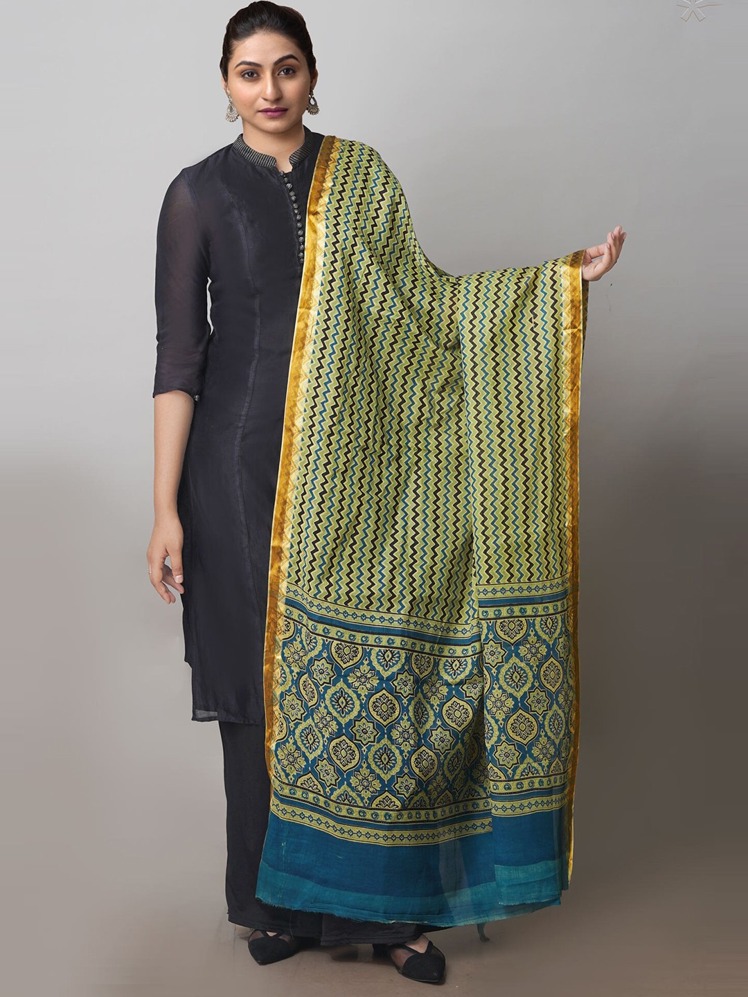 

Unnati Silks Ethnic Motifs Printed Pure Cotton Dupatta with Zari, Green