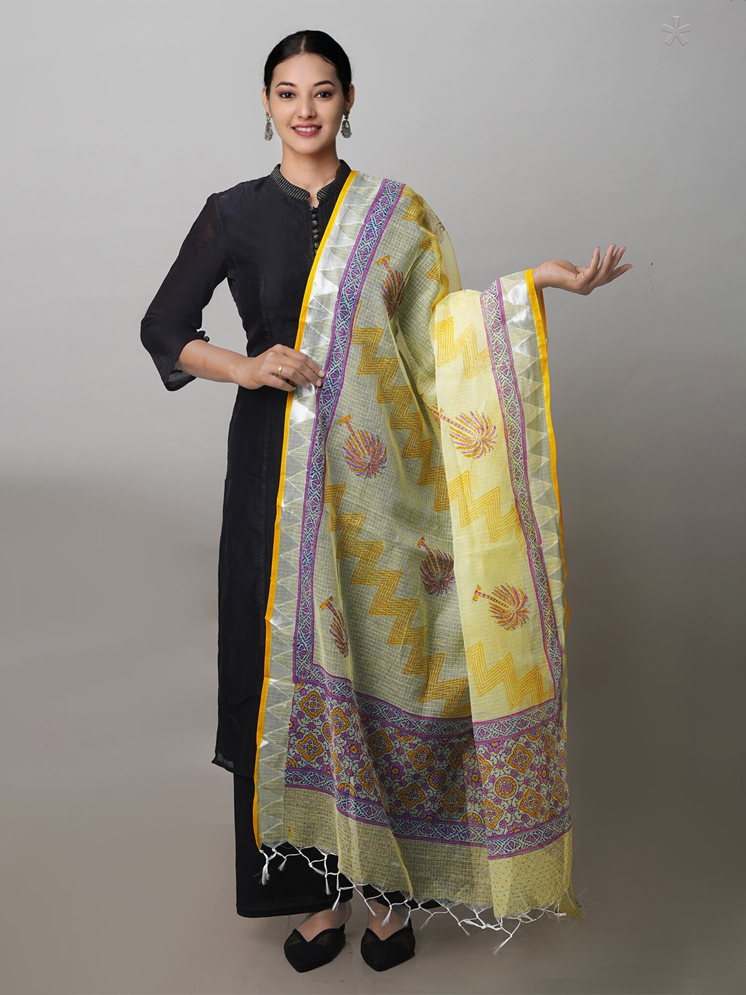 

Unnati Silks Ethnic Motifs Printed Pure Cotton Dupatta with Zari, Yellow