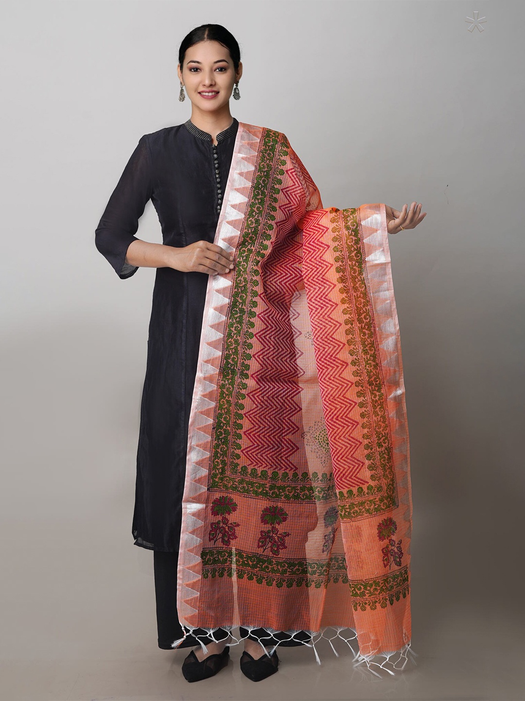 

Unnati Silks Ethnic Motifs Printed Pure Cotton Block Print Dupatta, Orange