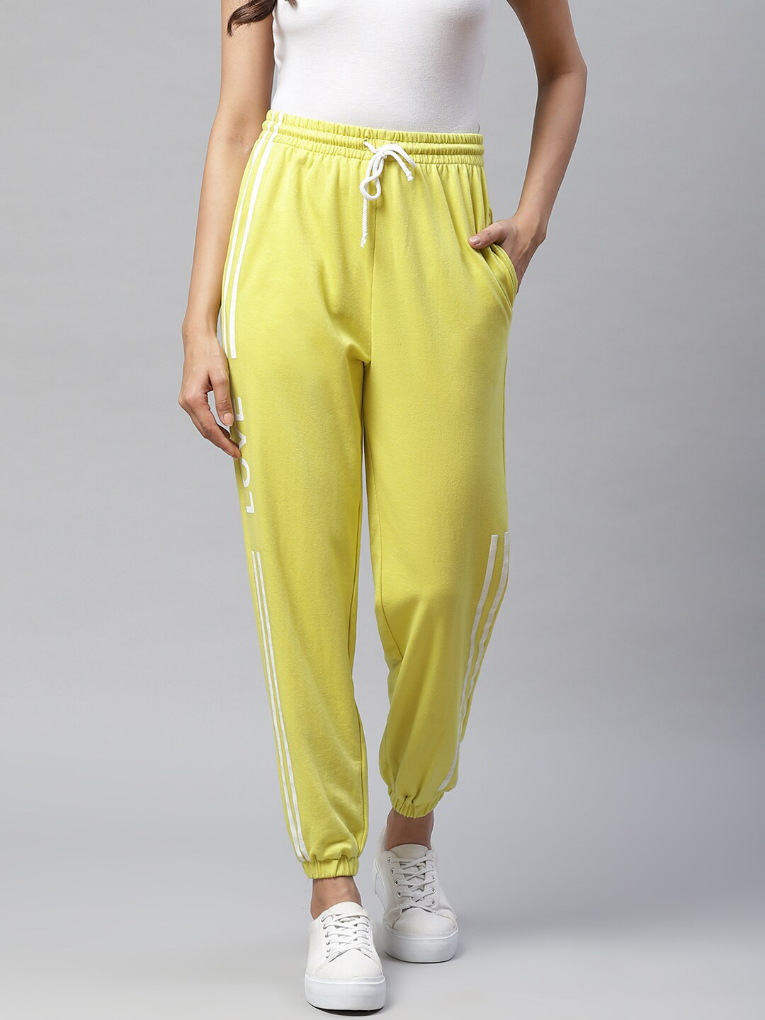 

Laabha Women Typography Printed Drawstring Sports Joggers, Yellow