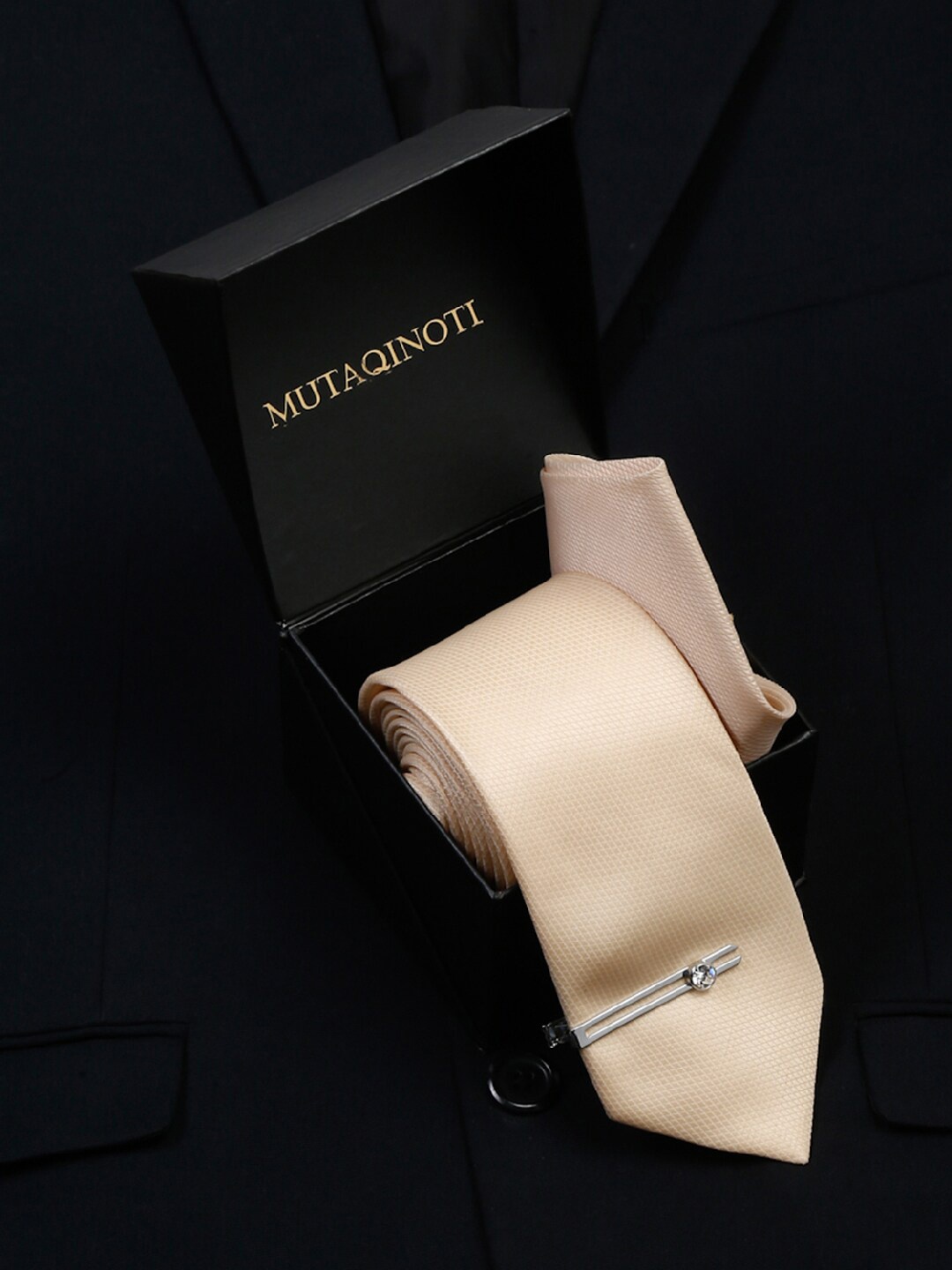 

MUTAQINOTI Men Silk Necktie Accessory Gift Set, Cream