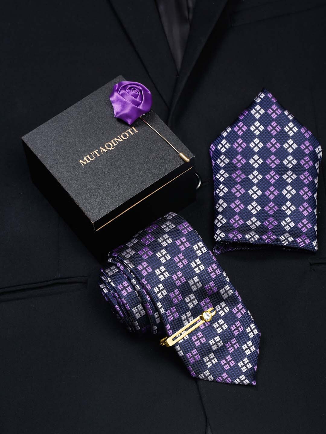 

MUTAQINOTI Men Silk Necktie With Brooch & Golden Tiepin, Purple