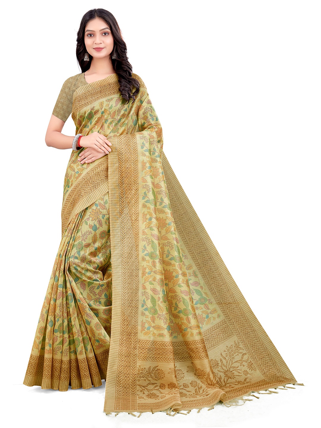 

Mitera Yellow & Green Floral Art Silk Bhagalpuri Saree