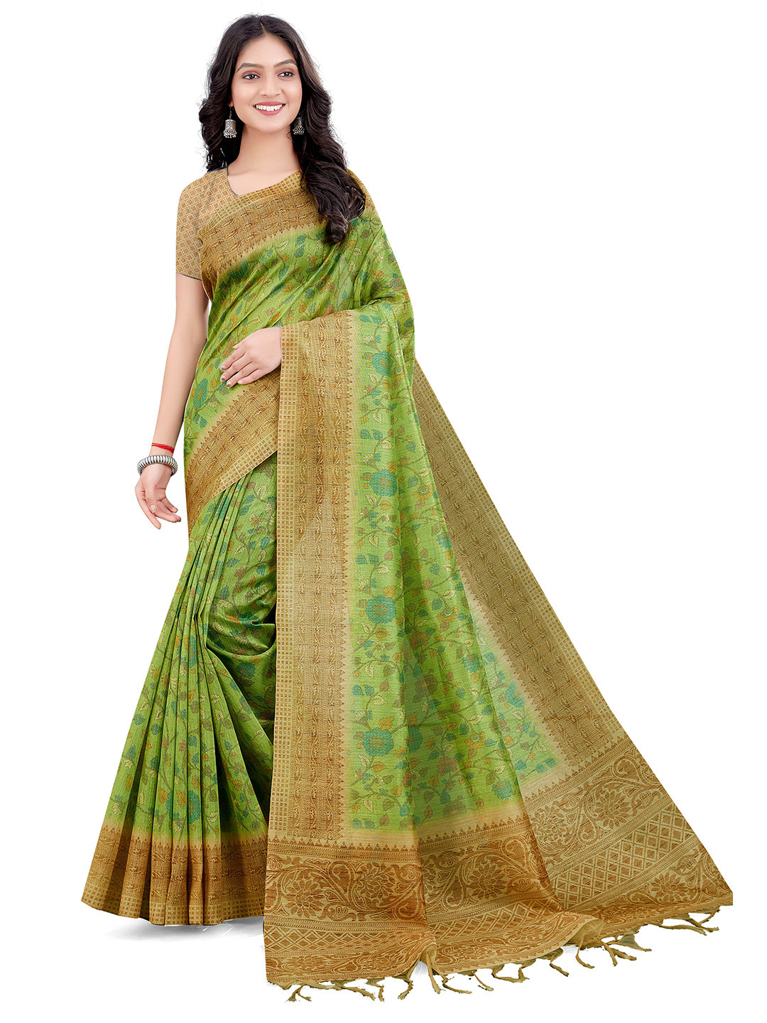 

Mitera Green & Beige Floral Printed Bhagalpuri Saree