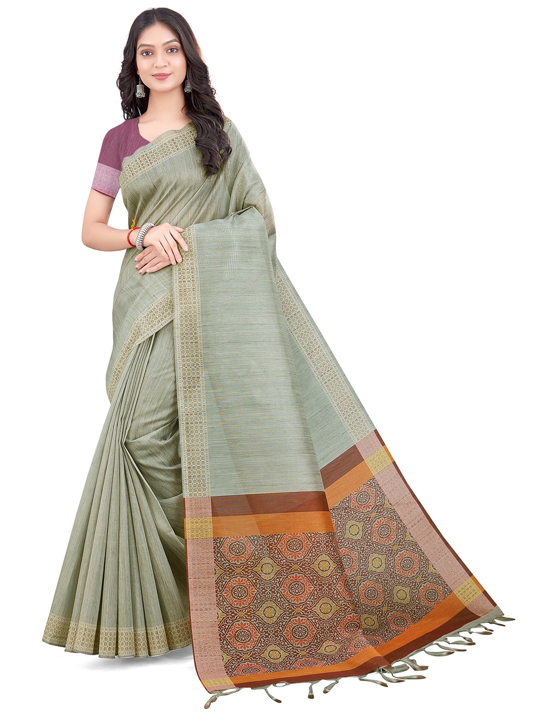 

Mitera Khaki & Red Floral Art Silk Bhagalpuri Saree