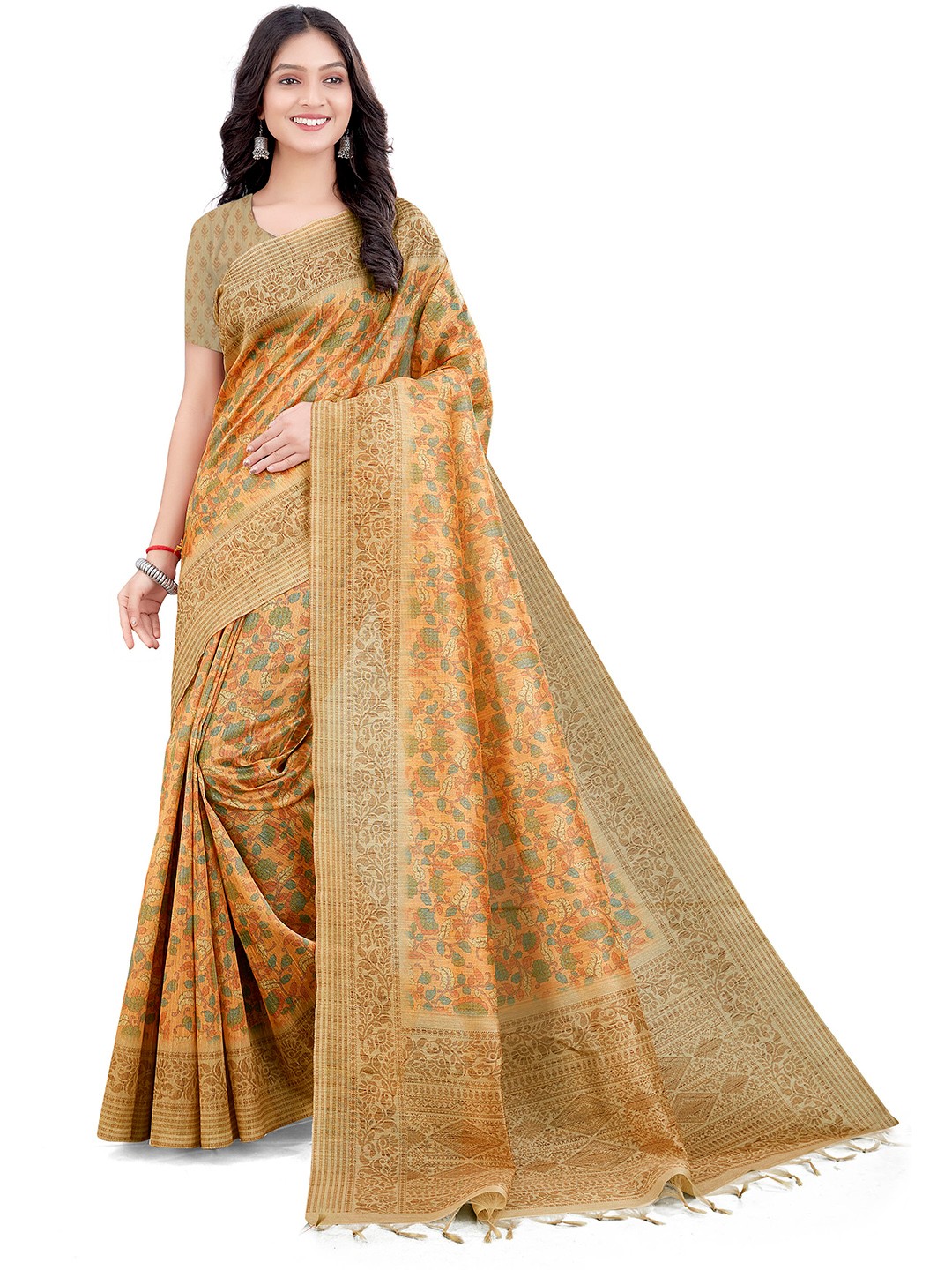 

Mitera Peach-Coloured & Beige Floral Printed Bhagalpuri Saree