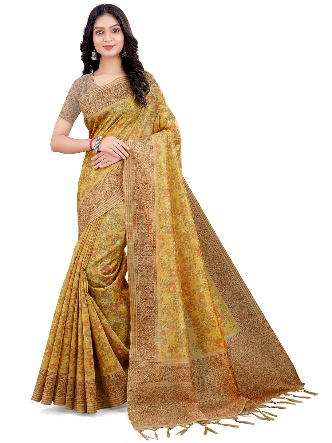 

Mitera Floral Printed Bhagalpuri Saree, Yellow