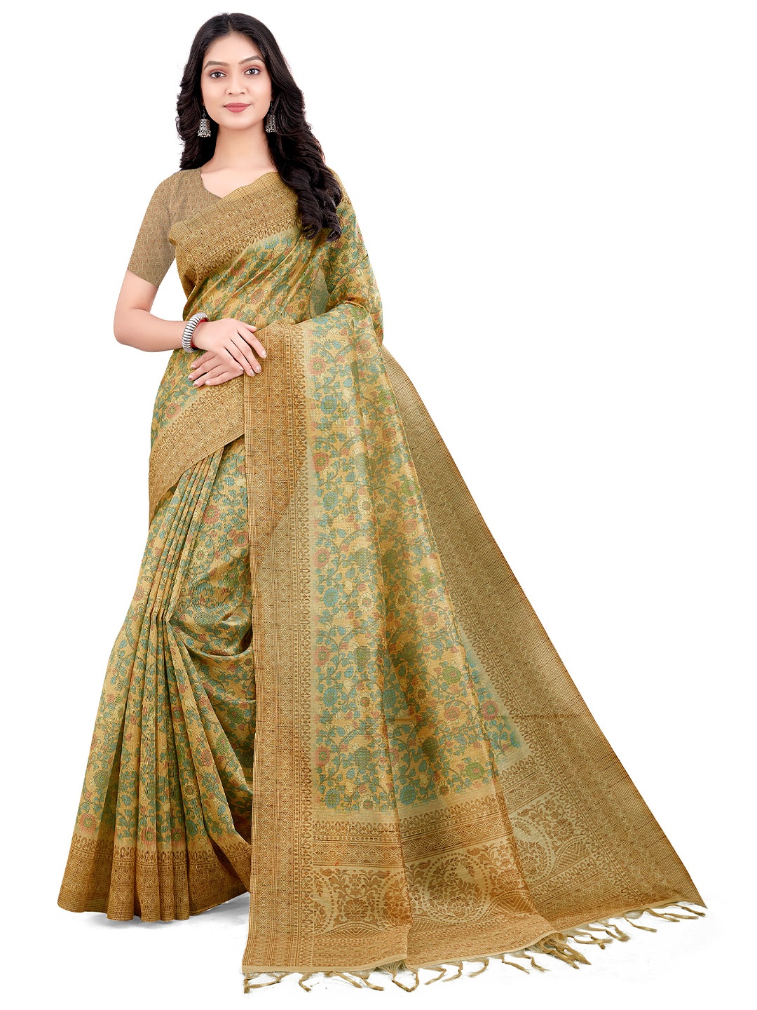 

Mitera Beige & Green Floral Printed Bhagalpuri Saree