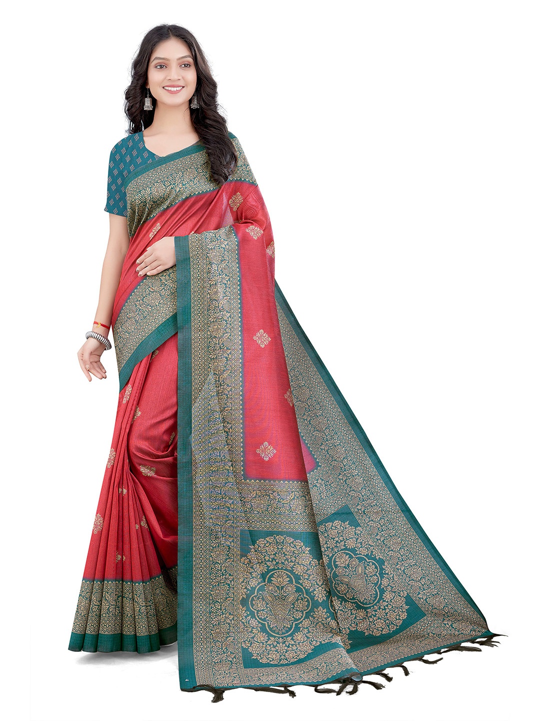 

Mitera Maroon & Blue Floral Art Silk Bhagalpuri Saree